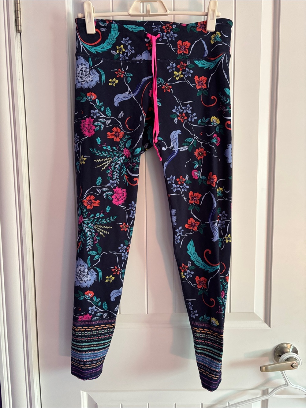 Old Navy Black Floral Joggers with Pink Drawstring